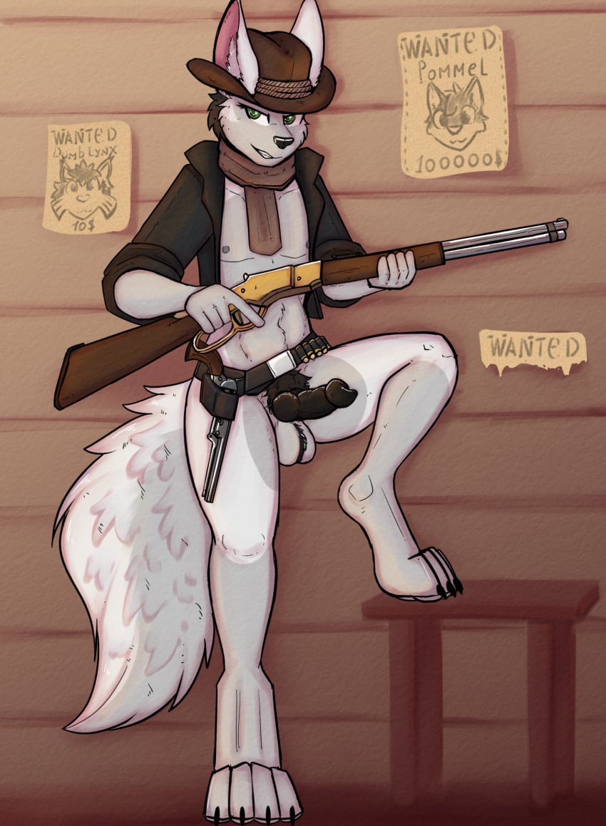 animal_genitalia animal_penis anthro belt bottomless canid canine canine_genitalia canine_penis clothed clothing digitigrade english_text genitals gun handgun hat headgear headwear hi_res jacket knot male mammal penis ranged_weapon revolver rifle scarf solo text topwear vizelius wanted_poster weapon