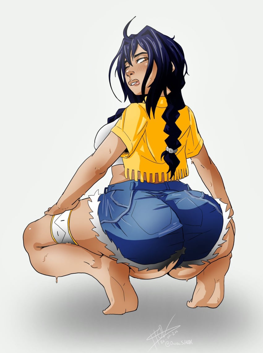 1girls ass ass_focus big_ass big_breasts black_hair cowboy_outfit curvy_figure dark-skinned_female dark_skin huge_ass huge_breasts looking_at_viewer looking_back mika_little_moon native_american native_american_female shorts tan-skinned_female tan_skin tomboy voluptuous voluptuous_female