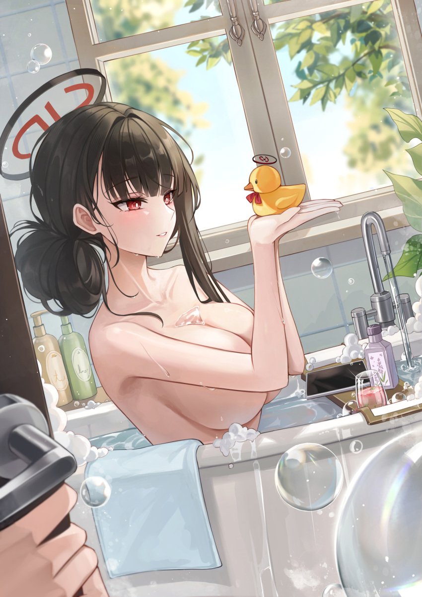 bathing blue_archive huge_breasts millennium_science_school_student rio_(blue_archive) rubber_duck seminar_(blue_archive) upper_body
