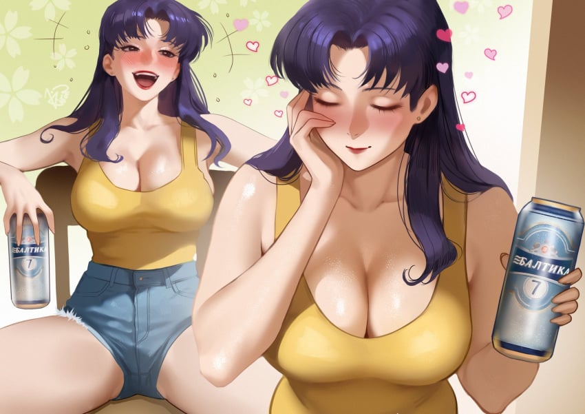 1girls beer beer_can big_breasts blush busty canned_drink clothed drunk female female_only huge_breasts jean_shorts kirani large_breasts laughing light-skinned_female light_skin milf misato_katsuragi mostly_clothed neon_genesis_evangelion purple_hair shorts tipsy