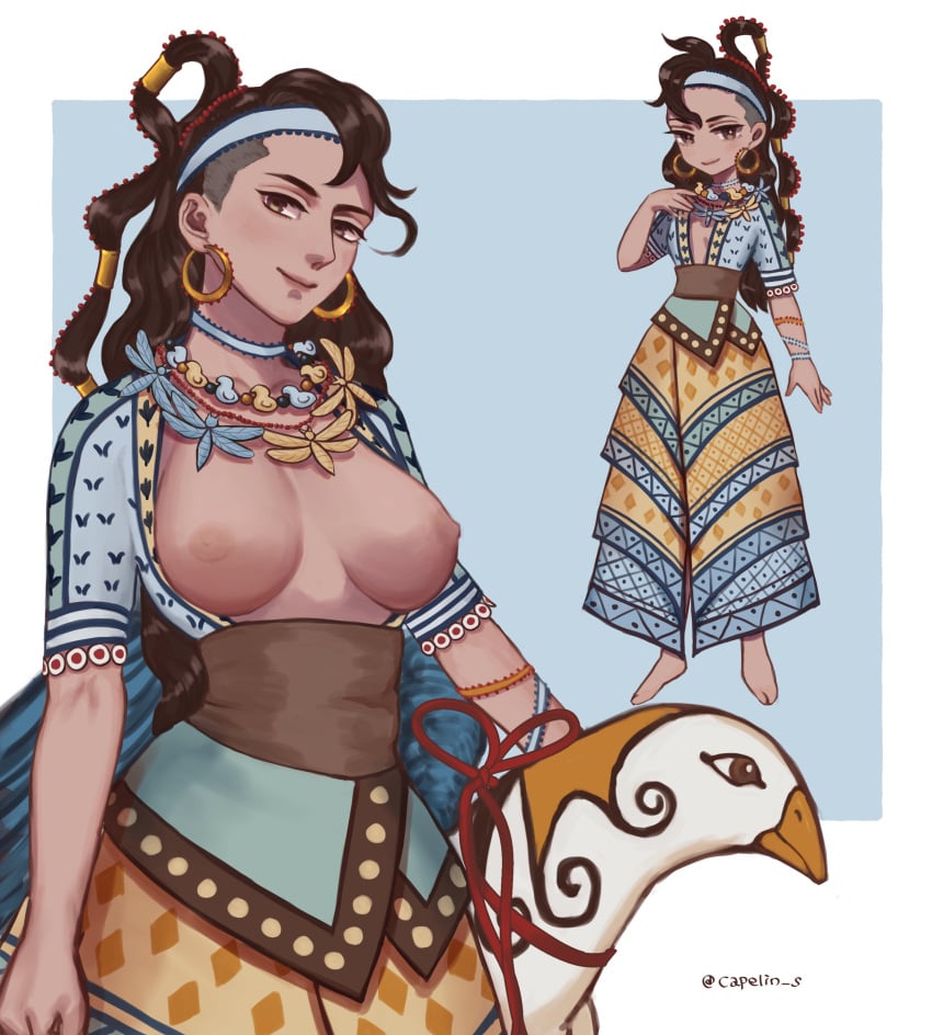 1girls ancient ancient_crete ancient_greece black_hair braid breasts breasts_out capelin_s casual casual_nudity crete dress european female female_only greece greek history human human_only large_breasts long_hair minoan necklace solo southern_european standing traditional_clothes