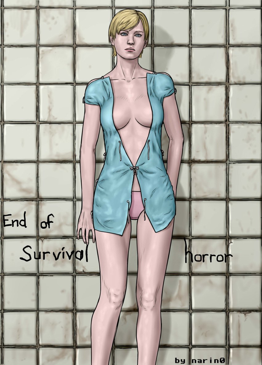 1girls against_wall blonde_hair cleavage hospital_gown medium_breasts narin0 pink_panties resident_evil resident_evil_6 sherry_birkin short_hair standing tile_wall tiles