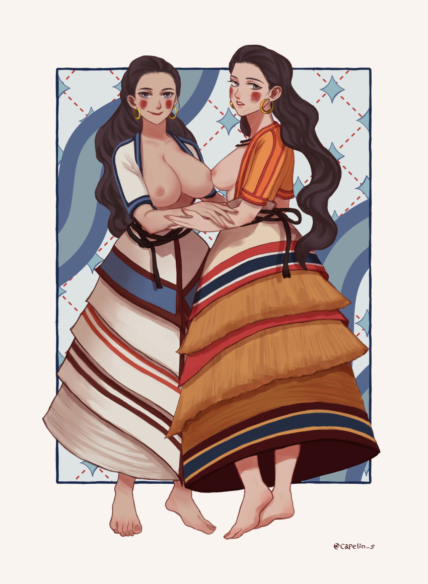 2girls abstract_background ancient ancient_greece ancient_history balkan_clothing black_hair braid breasts breasts_out capelin_s dress europe feet female greece historical history large_breasts long_hair minoan nonsexual_nudity smile southern_european standing traditional_clothes traditional_clothing