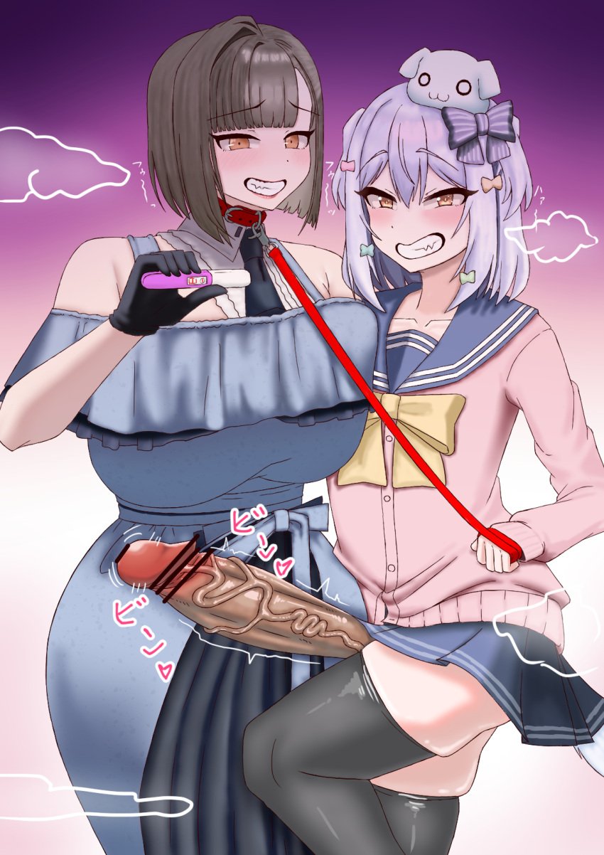 1boy 1boy1girl 1girls artist_request brown_hair collar dominant_femboy female femboy femboydom huge_breasts huge_cock inuyama_tamaki leash leash_and_collar leash_pull male maledom massive_penis noripro pregnancy_test trap tsukudani_norio_channel virtual_youtuber vtuber
