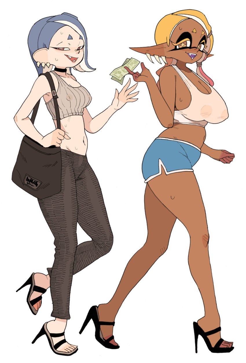 2girls ass barefoot beer big_ass big_breasts booty_shorts breasts brown_skin casual_clothes cleavage dark-skinned_female dark_skin female female_only frye_(splatoon) high_heels huge_breasts inkling kids_gamera long_hair looking_at_viewer money nintendo octoling pale_skin pants pointy_ears shiver_(splatoon) short_hair short_shorts shorts spaghetti_strap splatoon splatoon_(series) splatoon_3 tank_top thick_thighs yellow_eyes yellow_hair yuta_agc