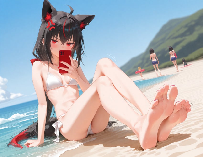 1girls ahoge ai_generated anger_vein animal_ear_fluff annoyed ass barefoot beach belly belly_button bikini fox_ears fox_girl fox_tail hololive kurokami_fubuki medium_breasts navel red_eyes soles thighs toes virtual_youtuber water white_bikini