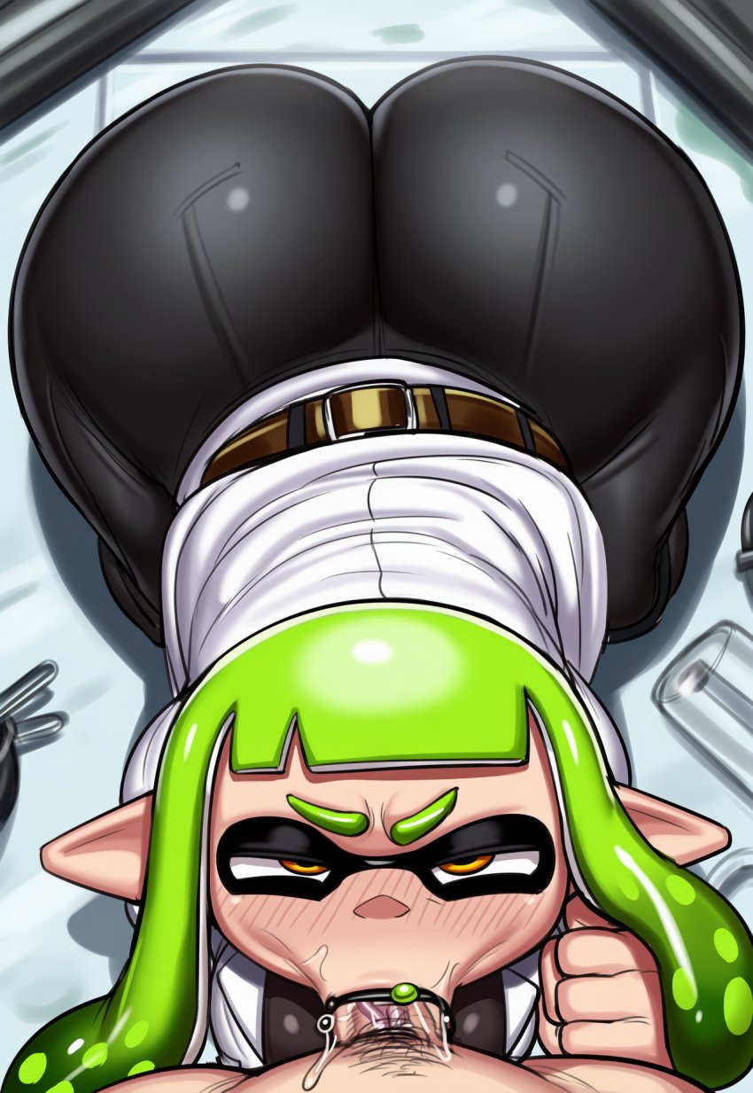 ai_generated arched_back ass blowjob booty breasts cammie_(lubbasdump) cleavage fellatio female gigantic_ass gigantic_breasts girl glasses green_hair huge_ass huge_breasts inkling_girl lab_coat laboratory lubbasdump penis piercing piercings pov splatoon sucking sucking_penis wide_hips