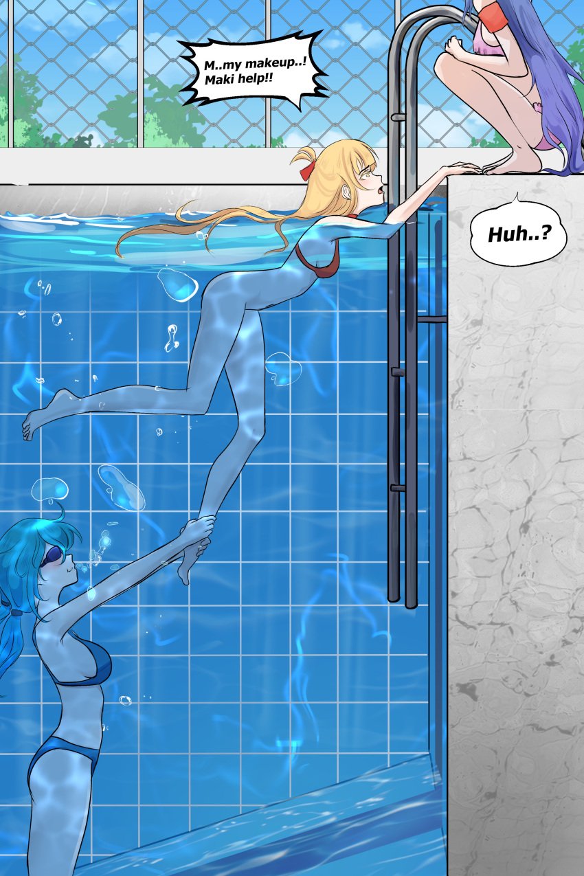 3girls air_bubbles bikini blonde_hair blue_hair exposed exposed_ass exposed_pussy female grabbing grabbing_leg half_naked marima666_(artist) medium_breasts pool pulled_down small_breasts swimming_goggles swimming_pool underwater water