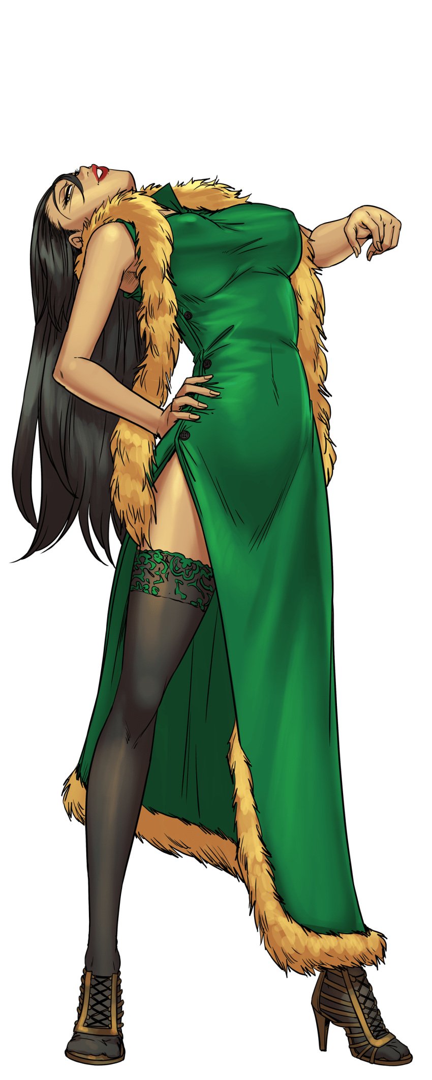 artist_request ass bent_over black_hair black_socks black_thighhighs boa_hancock bracelet breasts cg china_dress chinese_clothes clothing covered_navel covered_nipples dress earrings feather_boa female female_only from_behind full_body fur_trim green_background green_dress hand_on_own_hip heels hentai_heroes high_heels jewelry kinkoid lace-trimmed_legwear large_breasts lipstick long_hair looking_back makeup official_art one_piece parody red_lips shoes shtupra_(hentai_heroes) side_slit simple_background sleeveless socks socks_and_heels solo standing thigh_socks thighhighs