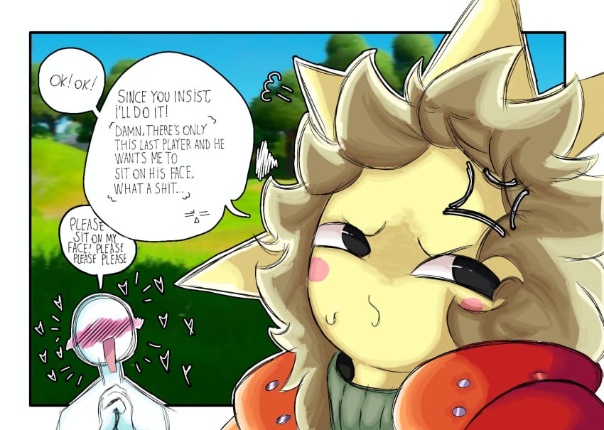 2boys angry background begging blush comic_page english_text faceless_male fortnite gay heart heart_symbol lolbear_9 male sunspot_(fortnite) text thought_bubble