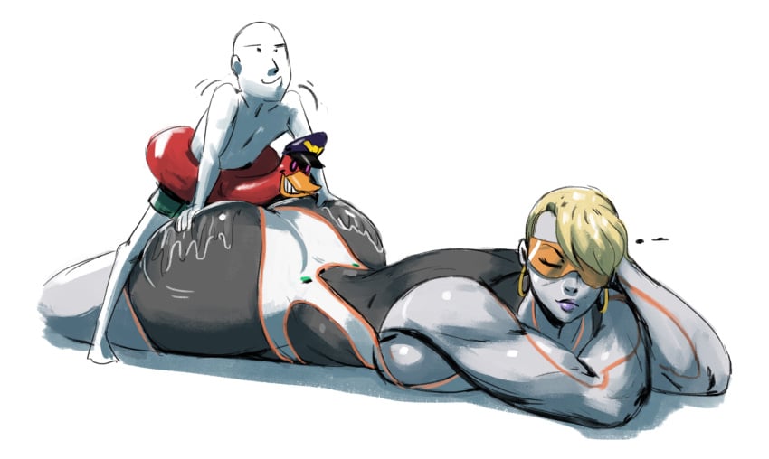 1boy 1girls 2d ass blonde_hair bubble_butt busty capcom female female_focus hourglass_figure male oil oiled oiled_ass oiled_body oiled_skin redfred robot robot_girl robot_humanoid seth_(doll_unit_0) seth_(street_fighter) short_hair street_fighter street_fighter_v sunbathing tagme taller_girl wide_hips