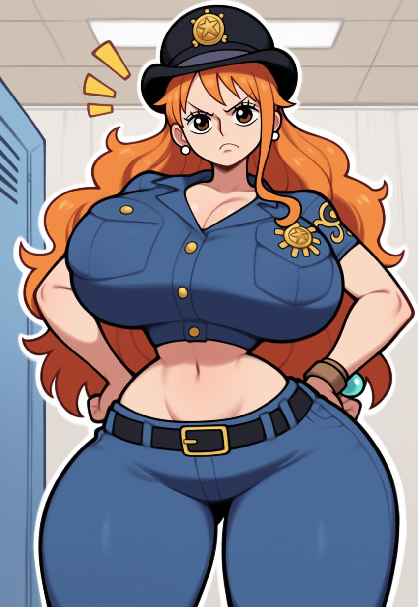 ai_generated annoyed artist_request cop female female_only gigantic_breasts huge_breasts lubbasdump midriff nami nami_(one_piece) one_piece orange_hair police_uniform slacks thick_thighs