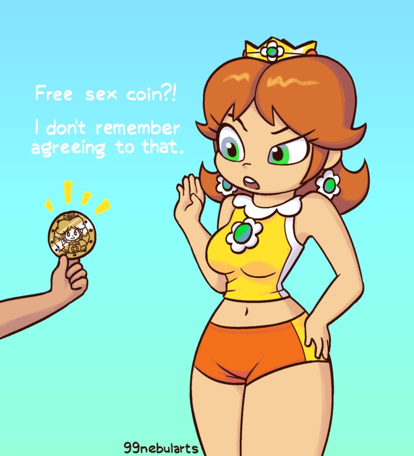 1boy 1girls 2020 bare_shoulders breasts brown_hair clothed crop_top crown earrings english_text female green_eyes inminent_sex male mario_(series) navel nebularts nintendo princess_daisy questionable_consent shorts text thighs