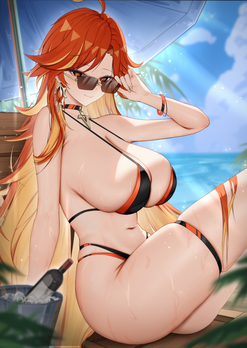 absurdres adjusting_eyewear ahoge alternate_costume beach beach_umbrella bikini black_bikini blonde_hair breasts chinese_commentary cleavage closed_mouth cloud cloudy_sky colored_inner_hair commentary_request earrings english_commentary female genshin_impact glass_bottle highres ice_bucket jewelry knees_up large_breasts long_hair looking_at_viewer looking_over_eyewear looking_over_sunglasses mavuika_(genshin_impact) multicolored_bikini multicolored_clothes multicolored_hair navel ningri_(lianyungangwyz) ocean orange_pupils paid_reward_available partial_commentary red_bikini red_eyes red_hair skindentation sky smile solo stomach streaked_hair sun_earrings sunglasses sweat swimsuit thigh_strap thighs tinted_eyewear two-tone_bikini umbrella water