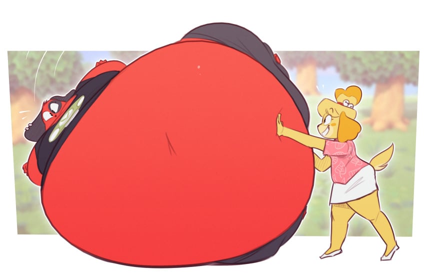 1girls animal_crossing anthro black_pants black_shirt cherry_(animal_crossing) hyper immobile inflation ridiculouscake rolling round_body spherical_inflation squish