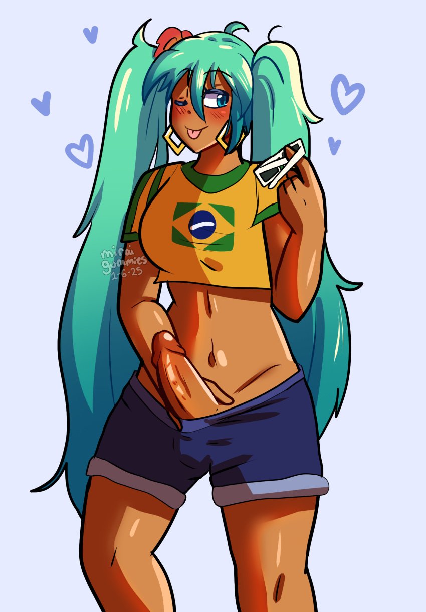 1up_whore aqua_hair brazil brazilian_female brazilian_flag brazilian_miku breasts dark_skin futa_only futanari futanari hatsune_miku miraigummies tan vein veiny_penis