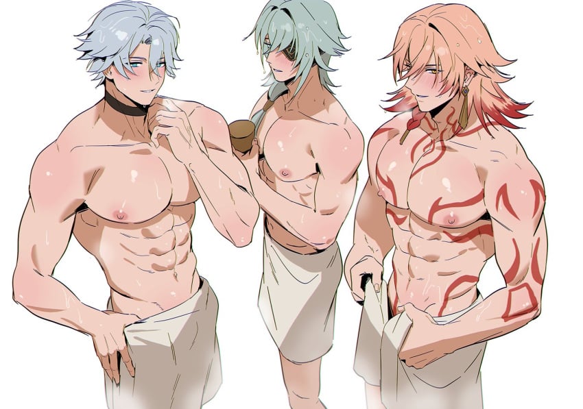 3boys abs anaxa_(honkai:_star_rail) biceps blush choker eyepatch gold_earrings honkai:_star_rail honkai_(series) large_pectorals looking_at_viewer male_only multiple_boys muscles muscular_male mydei_(honkai:_star_rail) phainon_(honkai:_star_rail) steam white_background