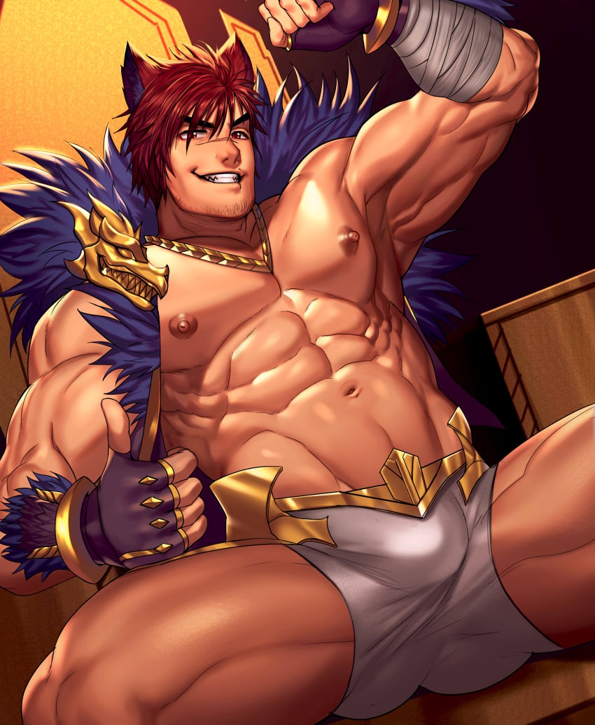 1boy abdomen animal_ears arkapami big_balls big_chest big_penis bulge league_of_legends male male_only muscles red_eyes red_hair sett solo underwear vastaya white_underwear