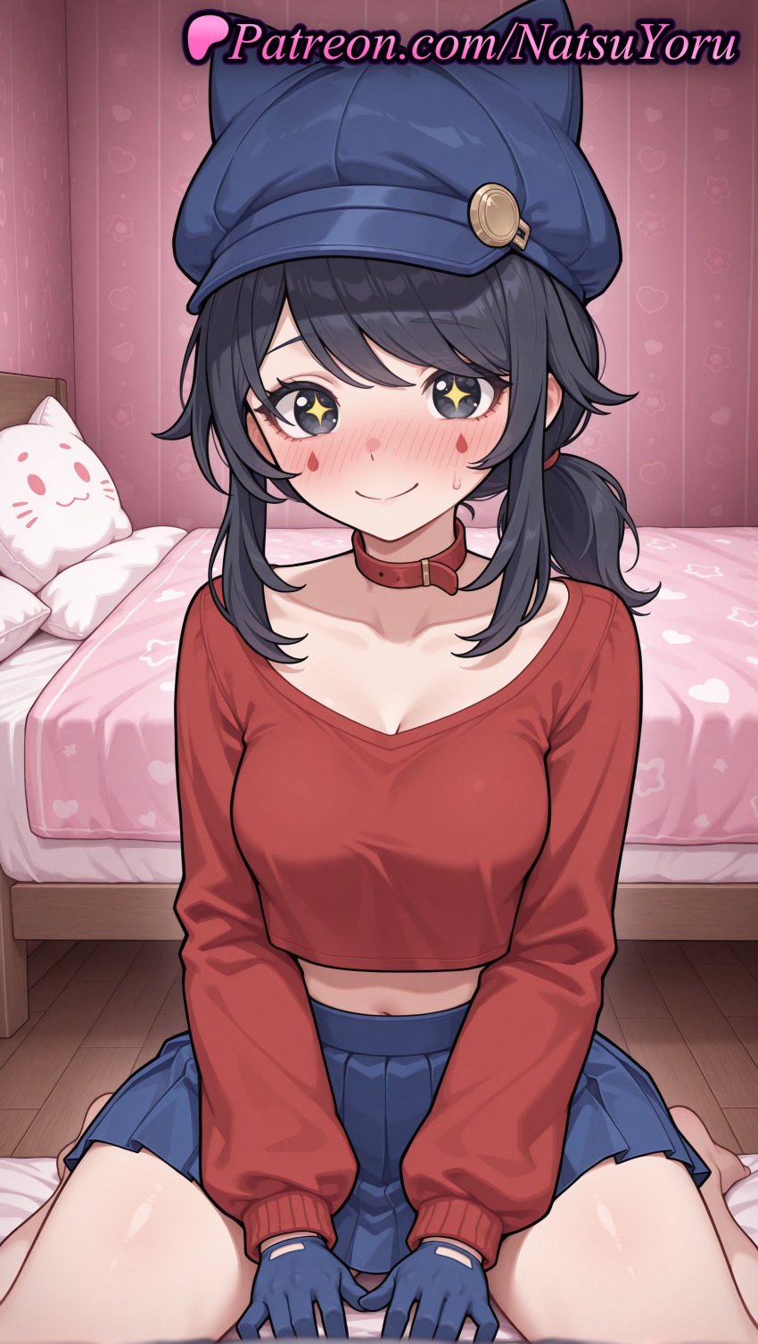 +_+ 1girls ai_generated animal_collar animal_ears anime anime_style asian bangs barefoot bed bedroom belt_collar black_eyes black_hair blue_eyes blue_gloves blue_headwear blue_skirt blush breasts bust busty cabbie_hat choker cleavage closed_mouth collar collarbone cool_mita_(miside) crop_top cropped_shirt diamond_(shape) facial_mark fake_animal_ears feet female female_focus female_only foot_fetish gloves hat heart hentai hi_res high_quality high_resolution highres indoors large_breasts lips long_hair long_sleeves looking_at_viewer medium_breasts medium_hair midriff miniskirt miside mita_(miside) natsuyoru navel nose_blush on_bed pillow pleated_skirt ponytail red_choker red_collar red_shirt red_sweater shirt sitting skirt smile solo solo_female star_(symbol) stuffed_toy symbol-shaped_pupils thighs voluptuous voluptuous_female wariza