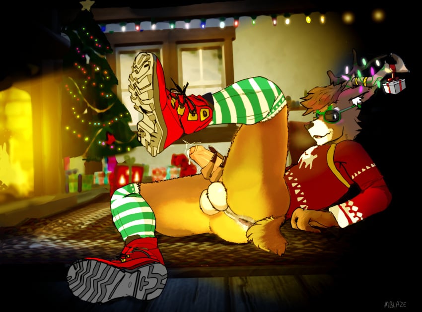 anthro anus ass balls blush bodily_fluids bonfire boots christmas clothed clothing cottage cozy deer digital_media_(artwork) dolph_(fortnite) dripping epic_games erection eyewear footwear fortnite fur genital_fluids genitals hearth hi_res holidays humanoid_genitalia humanoid_penis looking_at_viewer lying male mammal masturbation mblaze new_world_deer nude on_back pantsless partially_clothed penis precum presenting_balls reindeer shoes smile smiling_at_viewer smirk smirking_at_viewer socks solo spread_legs spreading steamy_breath sunglasses tired_eyes vignette