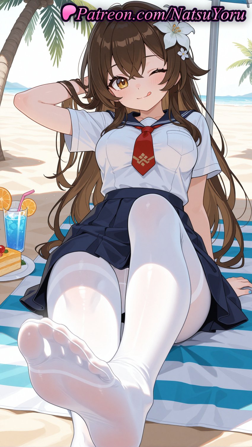 1girls :q ;q ai_generated anime anime_style arm_behind_head arm_support arm_up asian bangs beach blouse blue_sailor_collar blue_skirt blush breast_pocket breasts brown_eyes brown_hair bust busty cake cake_slice closed_mouth crossed_bangs cup day drink drinking_glass drinking_straw feet female female_focus female_only female_solo flower food foot_fetish foot_focus foot_out_of_frame foreshortening fruit hair_between_eyes hair_flower hair_ornament hentai high-waist_skirt knee_up legs long_hair looking_at_viewer medium_breasts miniskirt nail_polish natsuyoru neckerchief necktie no_shoes ocean one_eye_closed orange_(fruit) orange_slice original original_character outdoors pale_skin palm_tree panties panties_under_pantyhose pantyhose plate pleated_skirt pocket pov_feet presenting_foot red_neckerchief red_necktie sailor_collar sailor_uniform school_uniform serafuku sheer_legwear shirt short_sleeves sitting skirt smile soles solo solo_female thighband_pantyhose thighs toes tongue tongue_out towel tree umbrella underwear very_long_hair voluptuous voluptuous_female white_flower white_panties white_pantyhose white_shirt yellow_eyes