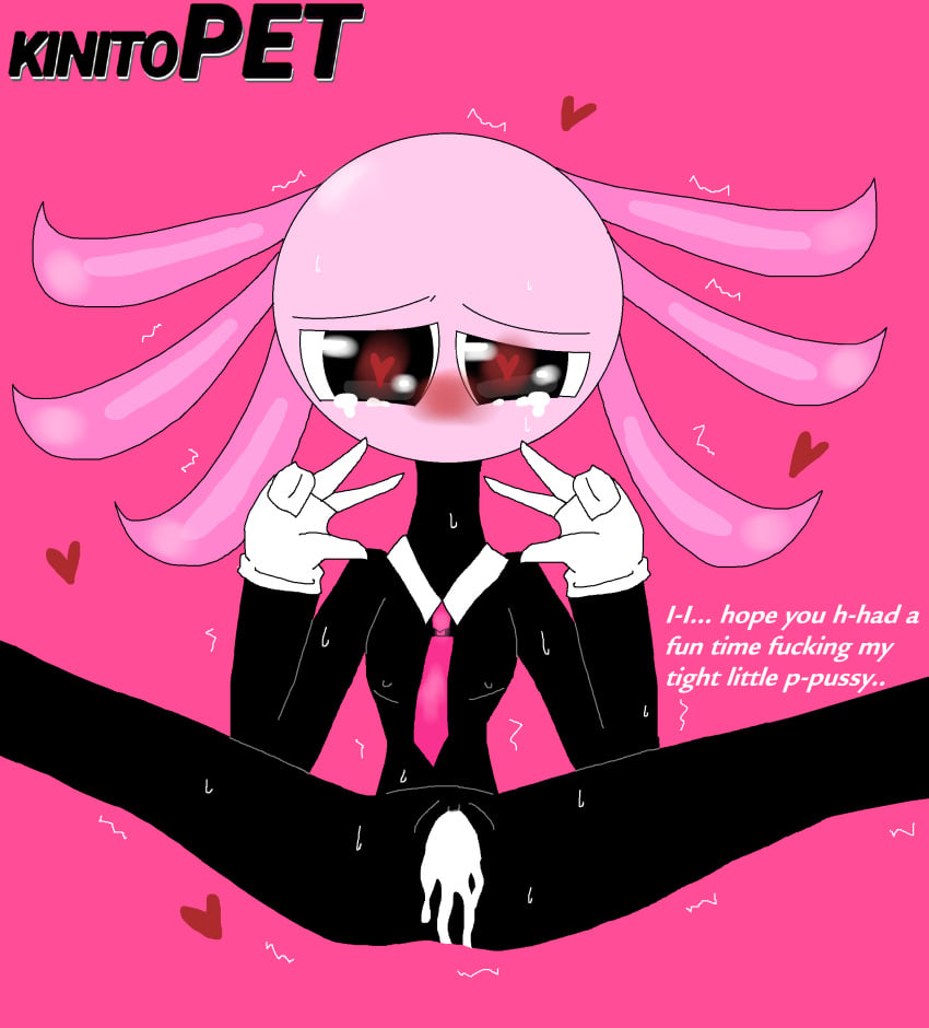 axolotl axolotl_humanoid black_body blush cum_dripping_from_pussy cum_in_pussy gills heart heart-shaped_pupils hearts_around_body hearts_around_head kinito kinitopet legs_spread logo nipples no_clothes peace_sign pink_background pink_head pink_tie pov shaking sweat sweating sweaty_body tears tears_in_eyes tears_of_pleasure text tiny_tits white_gloves