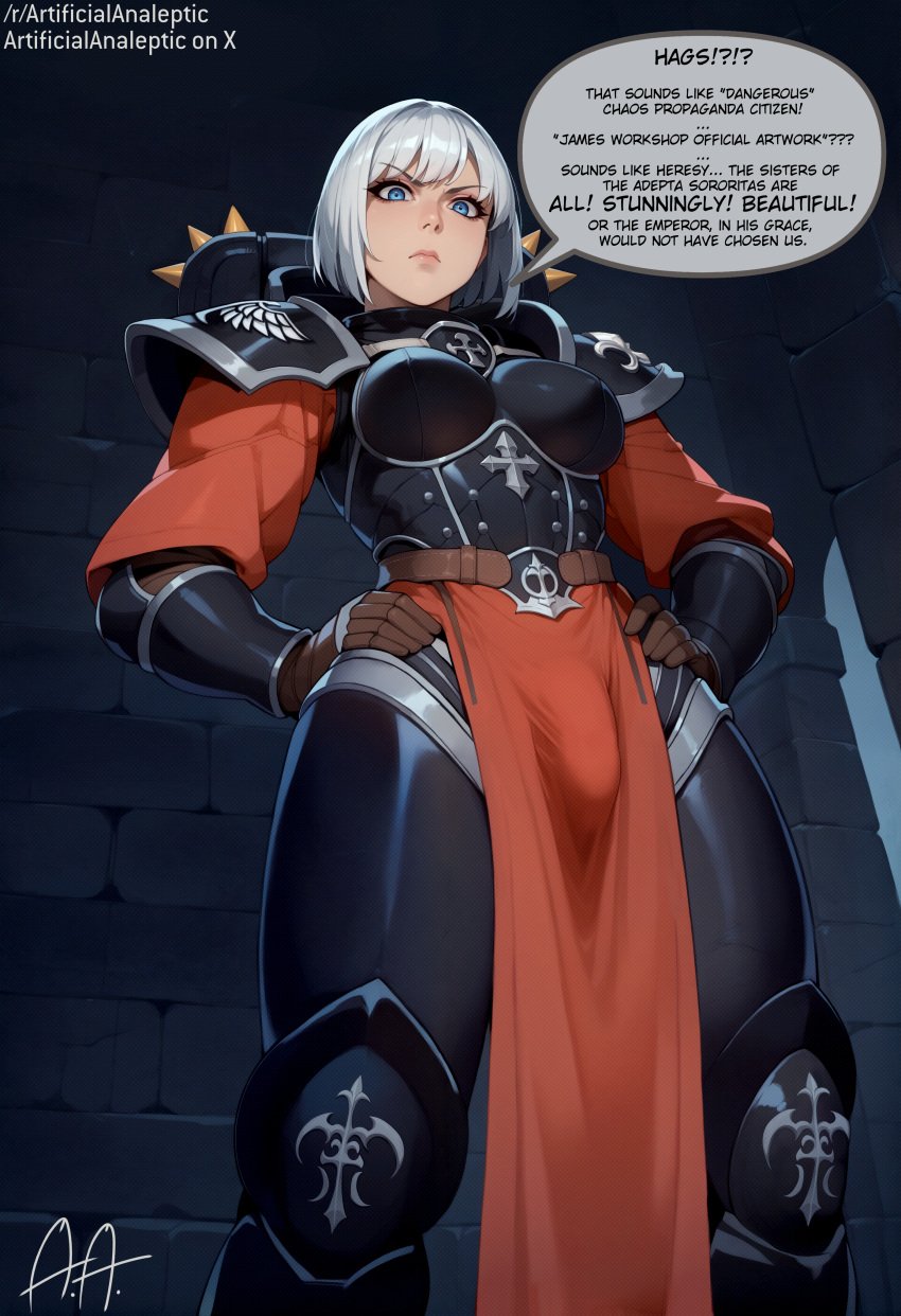 1futa 1futanari adepta_sororitas ai_generated armor artificialanaleptic bangs battle_sister belt blue_eyes breastplate breasts brown_gloves bulge bulge_through_clothing bulge_under_clothes closed_mouth clothing disappointed disappointed_look disapproval english_language english_text female futanari gauntlets gloves greaves hands_on_hips intersex large_breasts lips looking_at_viewer looking_down original pelvic_curtain penis_outline penis_under_clothes short_hair shoulder_armor shoulder_spikes sister_of_battle solo spikes standing text thick_thighs thighs vambraces warhammer_(franchise) warhammer_40k weapon white_hair