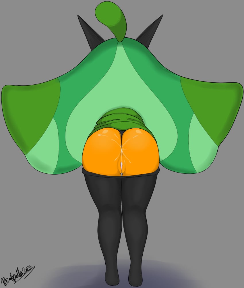 absurd_res anus ass big_butt black_clothing black_horn black_legwear black_tights bodily_fluids clothing cum cum_in_ass cum_inside female generation_9_pokemon genital_fluids genitals green_body grey_background hi_res horn horned_humanoid humanoid legendary_pokemon legwear mythrasboobhead nintendo ogerpon orange_body pokemon pokemon_(species) pussy rear_view simple_background solo thick_thighs tights tights_down wide_hips