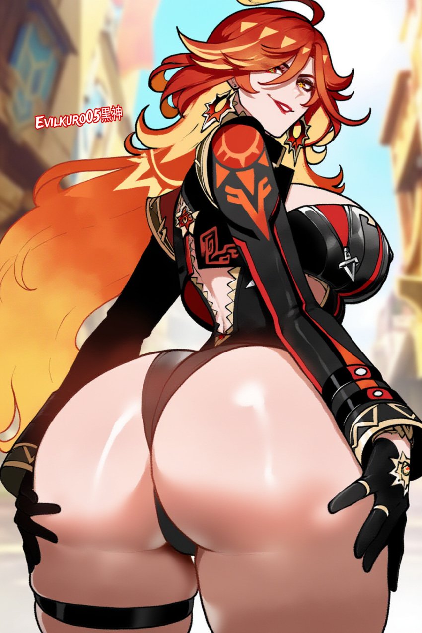 ai_generated athletic_female bottom_heavy evilkuro05 genshin_impact hoyoverse looking_back mavuika_(genshin_impact) mihoyo two_tone_hair