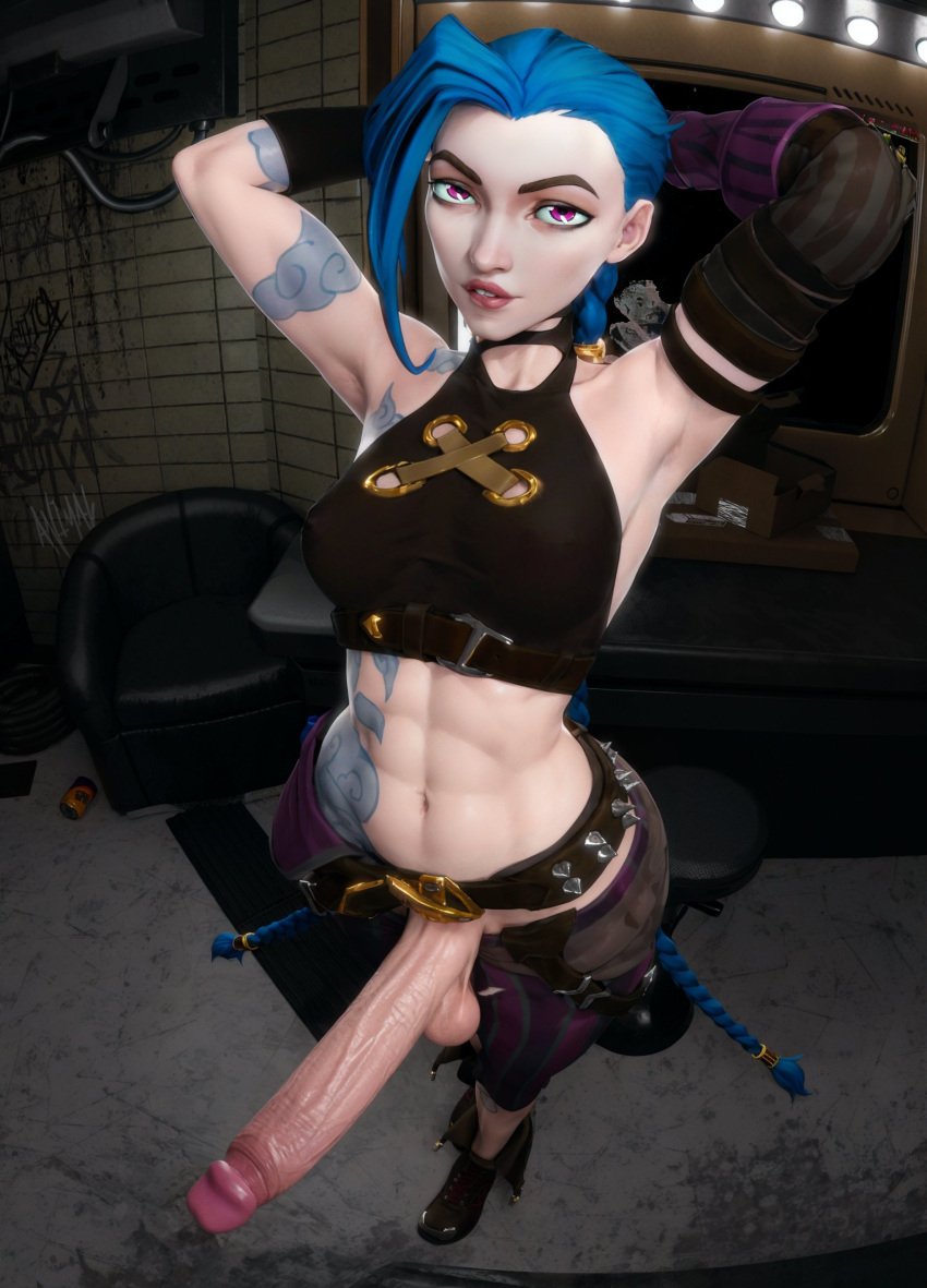 1futa 3d 3d_(artwork) arcane_jinx athletic_futanari balls big_penis blue_hair braided_hair breasts clothed_futanari clothes detailed_background erect_penis erection futa_only futanari jinx_(league_of_legends) league_of_legends medium_breasts penis penis_out purple_eyes riot_games tattoos zzzxxxccc