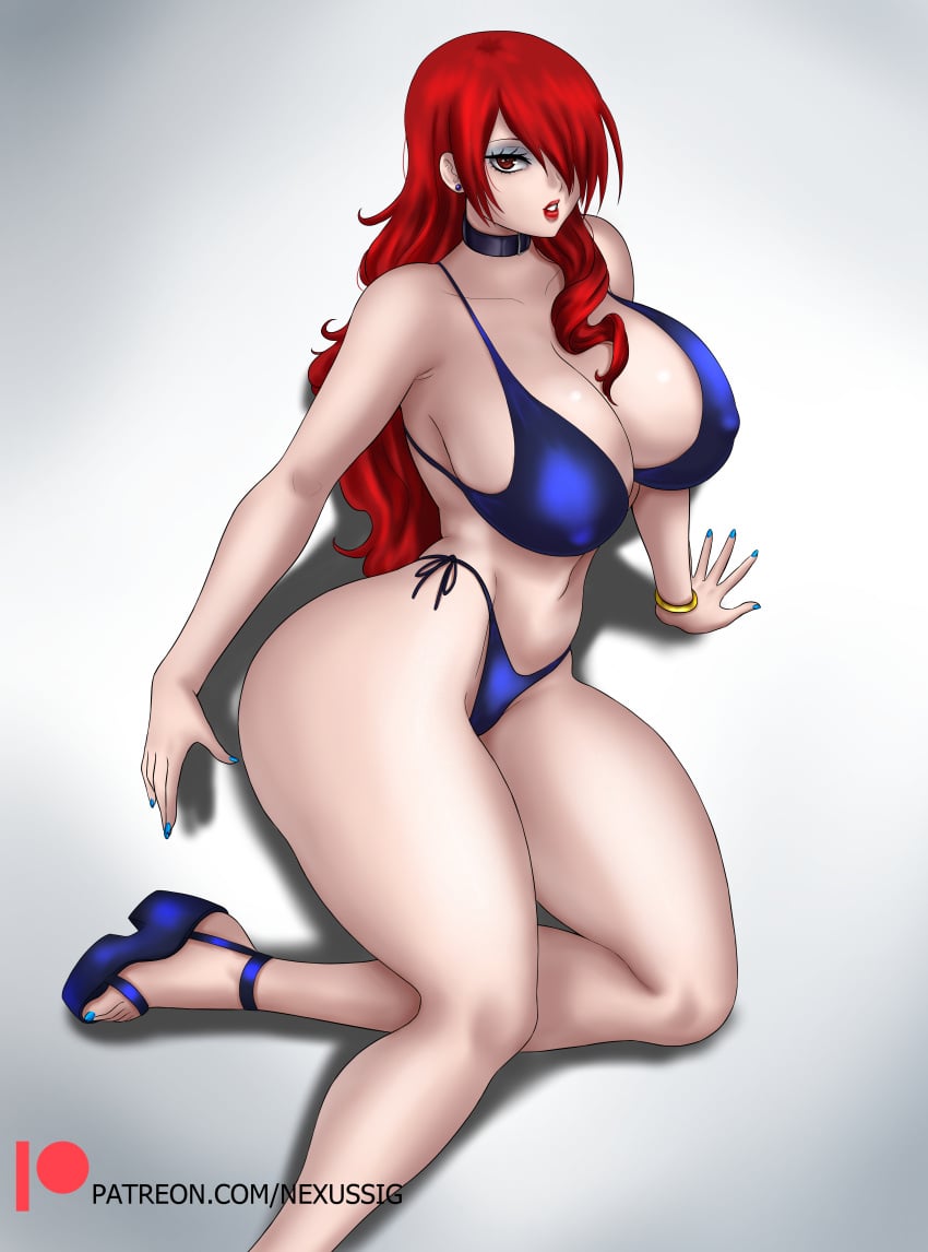 ass big_breasts choker hair_over_one_eye makeup mitsuru_kirijo nexus-sig nipple_bulge persona persona_3 red_eyes red_hair swimsuit