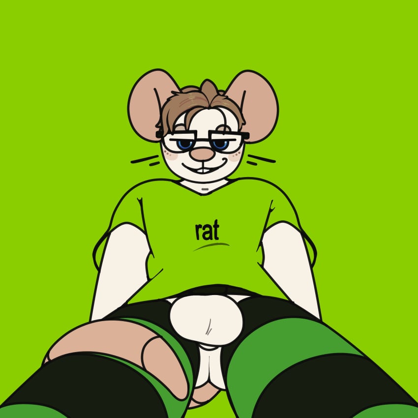 1:1 anthro balls big_ears blue_eyes blush brat_(charli_xcx) charli_xcx clothing dergsalot eyewear freckles fur genitals glasses hi_res legwear looking_at_viewer low-angle_view male mammal murid murine rat rat_tail rodent seductive shirt smile smiley_face smiling_at_viewer smirk smirking_at_viewer solo strawberry_blonde strawberry_blonde_hair tail thigh_highs topwear vi_(dergsalot) whiskers white_balls white_body white_fur