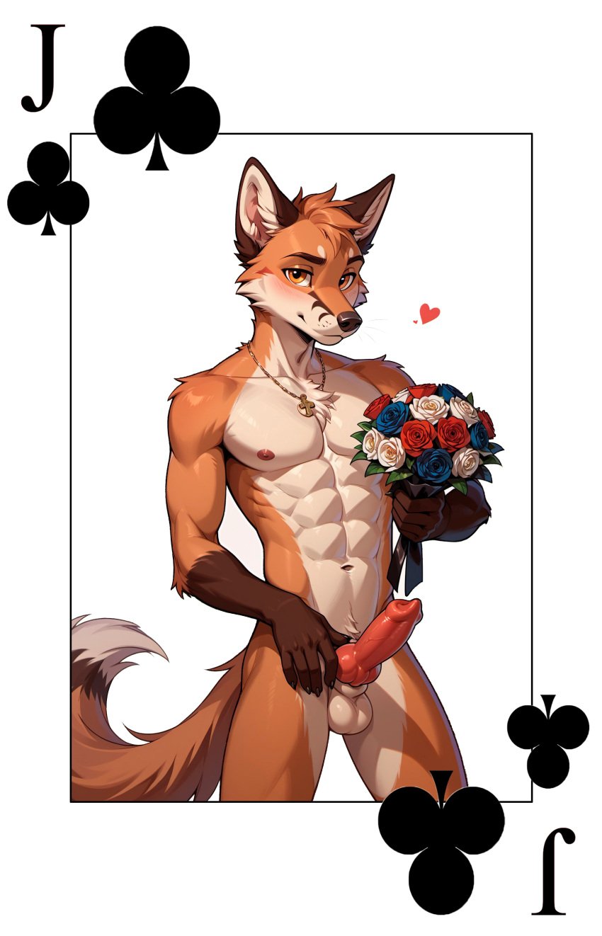 abs absurd_res ai_assisted ai_generated athletic athletic_male balls bouquet canine_penis card erection fox fox_boy fox_ears fox_tail furry heart_symbol knot knotted_penis looking_at_viewer male necklace nipples playing_card poker_cards red_fur solo solo_male yeenashaven yellow_eyes