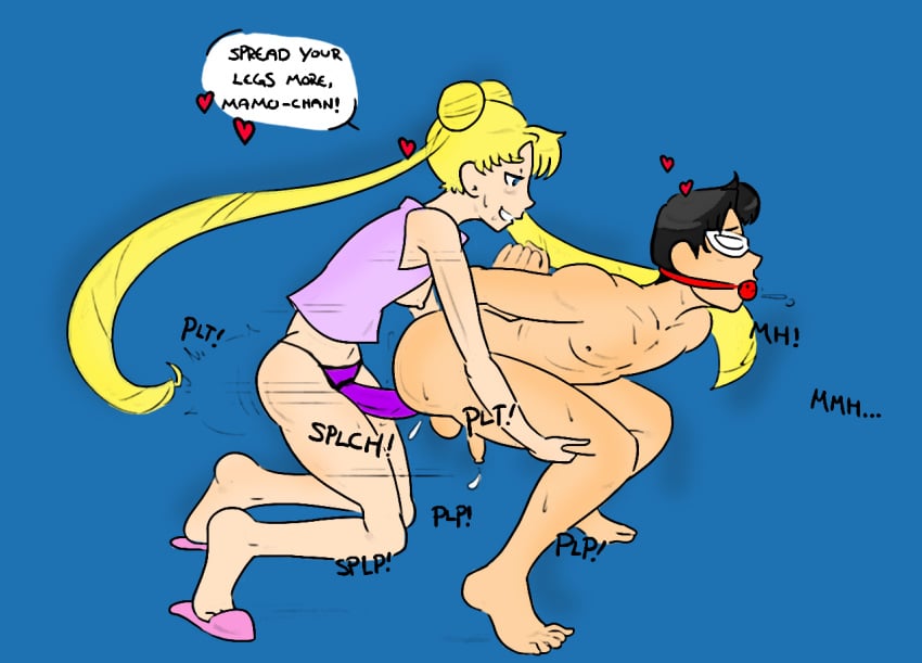 1boy 1girls ball_gag balls bishoujo_senshi_sailor_moon black_hair blonde_hair breasts clothing edit english_text female female_on_male femdom foreskin gag male mamoru_chiba nobody_in_particular pegging penis sex_toy straight_hair strap-on third-party_edit tuxedo_mask usagi_tsukino