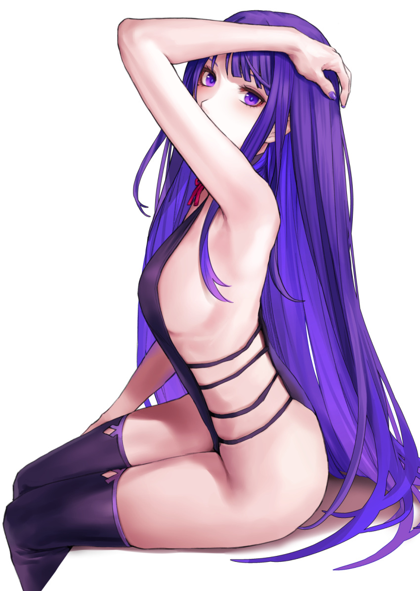 1girls applekun armpits ass bare_arms bare_shoulders breasts female from_side genshin_impact highres large_breasts leotard light-skinned_female mole mole_under_eye nail_polish purple_eyes purple_hair raiden_shogun revealing_clothes sideboob sitting solo thighhighs thighs