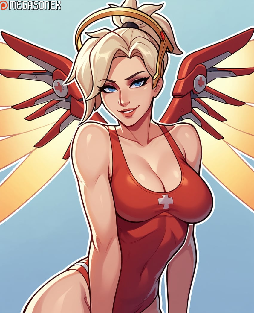 activision ai_generated blizzard_entertainment blonde_hair blue_eyes breasts cleavage collarbone covered_navel cross female halo large_breasts lips looking_at_viewer mechanical_halo mechanical_wings medium_breasts megasonek mercy one-piece_swimsuit overwatch overwatch_2 patreon_username ponytail red_one-piece_swimsuit smile solo swimsuit watermark wings