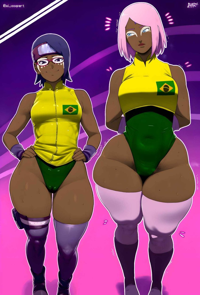 2girls ai_generated big_ass big_breasts black_body black_hair brazilian brazilian_female brazilian_slut brown_hair d-art gyaru gyarufication mother_and_daughter naruto national_personification pawg pink_hair pubic_hair sakura_haruno sarada_uchiha tan_body tanned tanned_skin teenager thick thick_ass thick_thighs