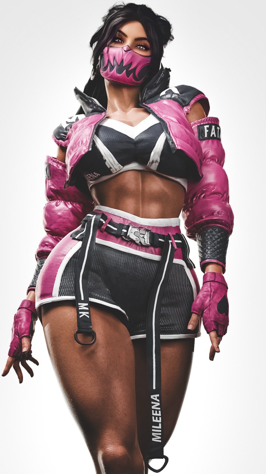 3d abs big_breasts black_hair earthrealm_mileena female_only grvty3d masked_female mileena monster_girl mortal_kombat mortal_kombat_1_(2023) muscular_female pink_clothing