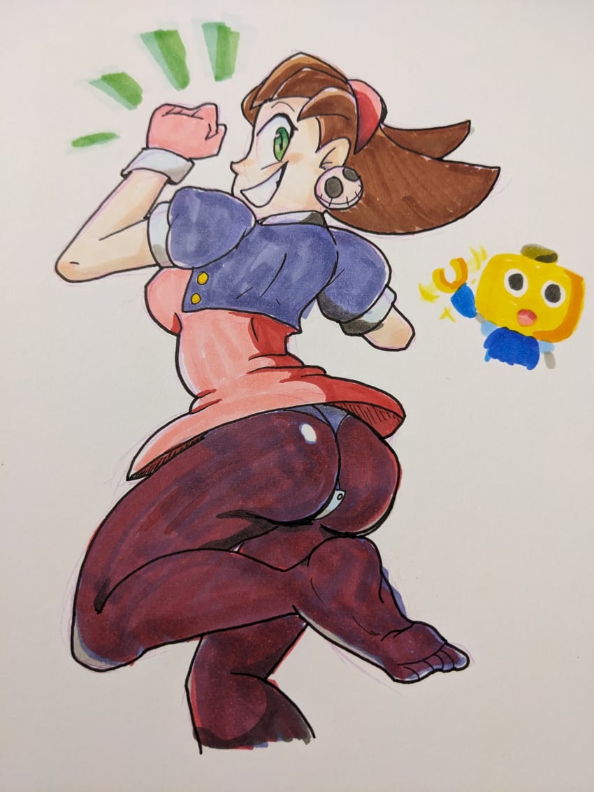 ass brown_hair capcom dress earrings feet female garbunkles gloves green_eyes hairband jacket looking_back male mega_man mega_man_legends pantyhose servbot smile traditional_art traditional_media traditional_media_(artwork) tron_bonne