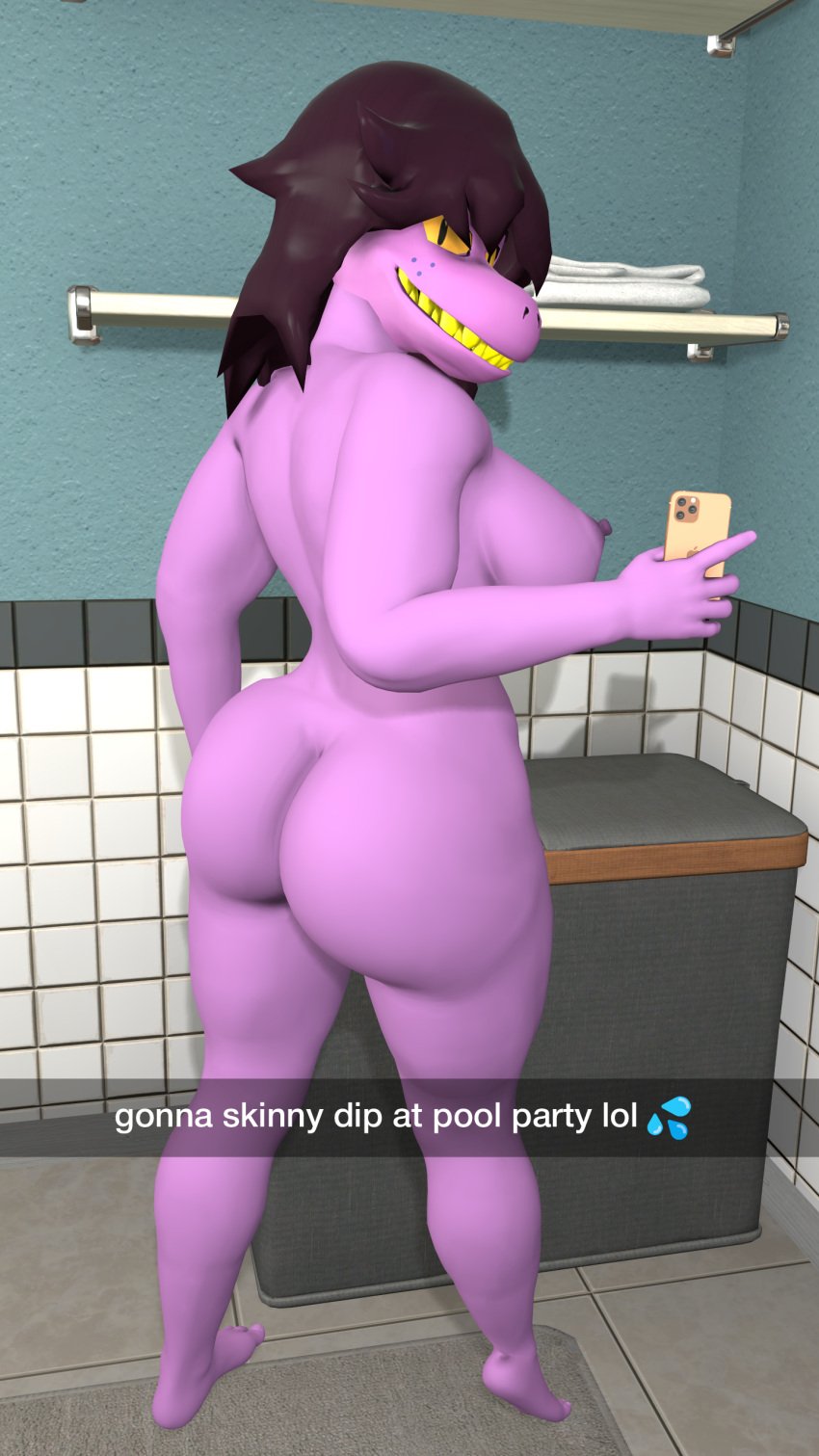 3d_(artwork) 9:16 absurd_res anthro apple_inc. ass barefoot bathroom big_breasts big_butt breasts casual_nudity cellphone curvy_figure daemont92 deltarune digital_media_(artwork) dinosaur duo electronics english_text feet female hi_res iphone looking_at_viewer nipples nude phone pose prehistoric_species presenting presenting_hindquarters reptile scalie selfie side_boob smartphone solo source_filmmaker_(artwork) susie_(deltarune) text thick_thighs toes towel undertale_(series) voluptuous wide_hips