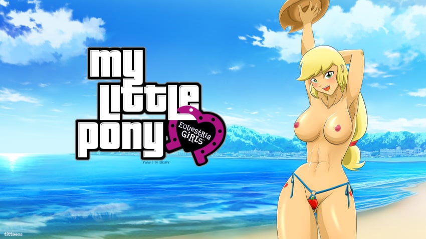 1girls 2025 abs applejack_(eg) applejack_(mlp) areolae beach big_breasts bikini_bottom blonde blonde_female blonde_hair blue_panties boobieboom breasts cowboy_hat cowgirl english_text equestria_girls female female_only freckles friendship_is_magic grand_theft_auto green_eyes hasbro holding_hat hourglass_figure large_breasts looking_at_viewer my_little_pony nipples o-ring_panties panties panties_only red_bikini red_bikini_bottom side-tie_panties solo solo_female stetson topless topless_female wallpaper