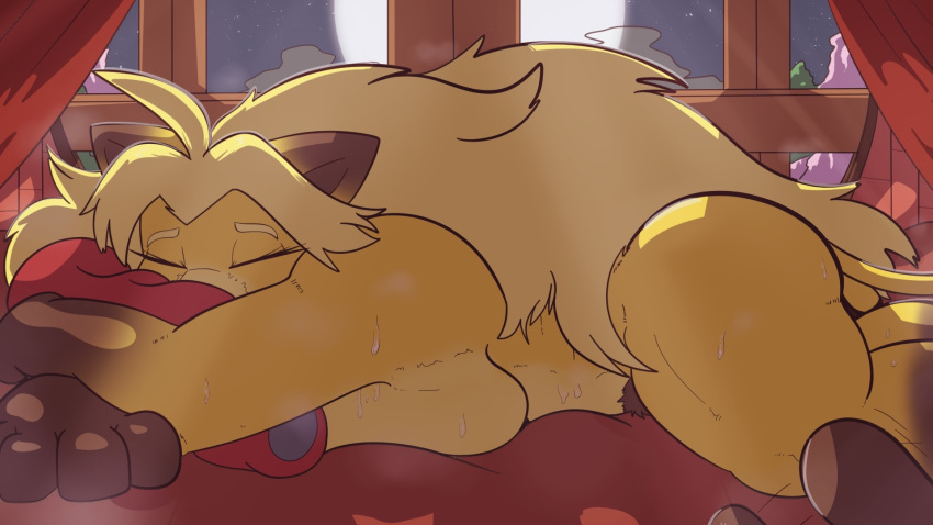 anthro bed bodily_fluids breasts curtains felid feline female furniture hi_res light lying mammal moon moonlight musk nude on_bed on_front pubes rilesthecat riley_(cheddarcat) side_boob sleeping solo steam sweat window