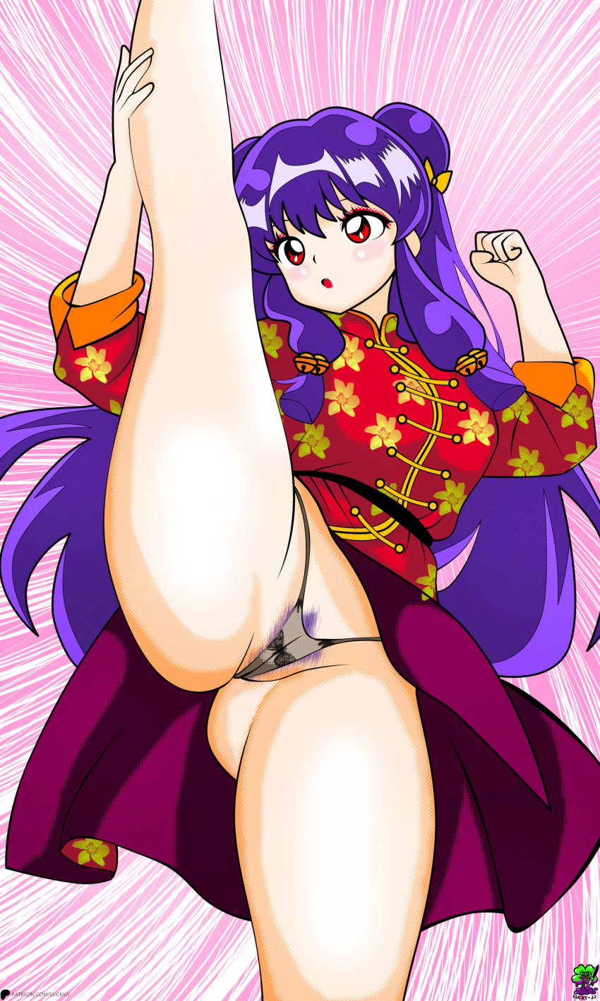 chinese_clothes chinese_girl clothing com/luckyjj dress high_kick panties pubic_hair purple_hair ranma_1/2 red_eyes shampoo_(ranma_1/2) thong