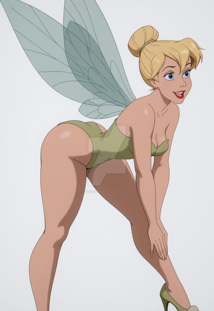 blonde_hair blue_eyes breasts butt_crack cleavage disney disney_fairies green_high_heels hair_bun seductive_pose sexy_pose tinker_bell