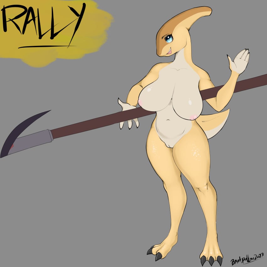 1:1 absurd_res anthro areola big_breasts black_claws blue_eyes breasts brown_body brown_scales claws digitigrade dinosaur eyelashes eyeshadow female genitals grey_background grey_eyeshadow hadrosaurid hi_res holding_melee_weapon holding_object holding_polearm holding_spear holding_weapon huge_breasts looking_at_viewer makeup melee_weapon mythrasboobhead navel nipples nude open_mouth open_smile ornithischian ornithopod parasaurolophus pink_areola pink_nipples polearm prehistoric_species pussy reptile scales scalie simple_background smile solo spear tan_body tan_scales thick_thighs weapon wide_hips yellow_body yellow_scales