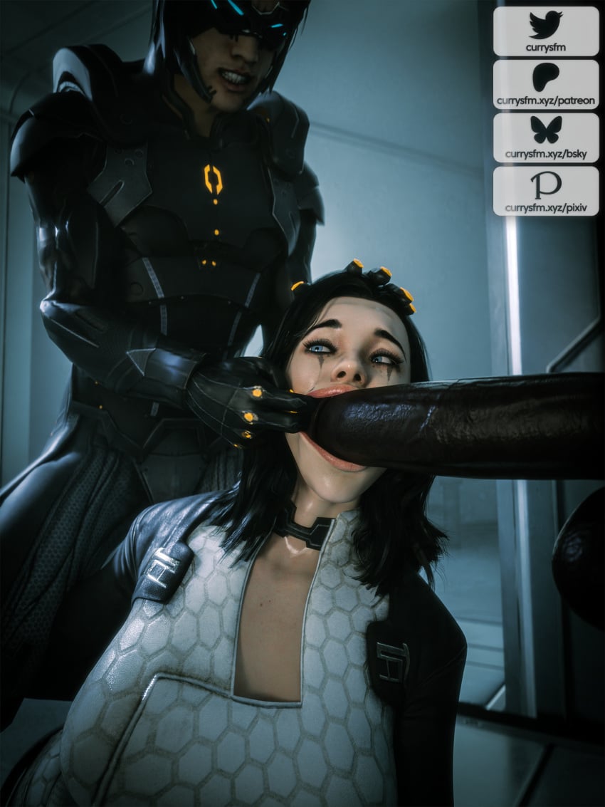 1girls 2boys 3d big_penis bioware blowjob blowjob_face currysfm dark-skinned_male dark_skin fellatio glory_hole huge_cock indoors interracial kai_leng large_penis light-skinned_female light-skinned_male light_skin mass_effect miranda_lawson oral oral_sex penis sucking sucking_penis