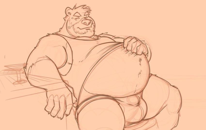 anthro bar bear beard big_bulge biped bottomwear bulge chibear chibsarts clothing detailed_bulge exposed_belly facial_hair hotpants male male_anthro mammal muscle_shirt musclegut muscular scratching_belly shorts sitting solo spread_legs spreading