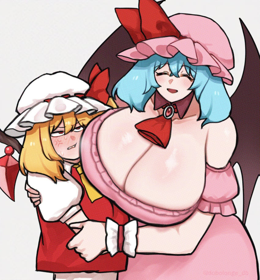 2girls anger_vein big_breasts bigger_female blonde_female blonde_hair blue_hair blue_hair_female blush breasts breasts_bigger_than_head cleavage clothed clothed_female clothing dobolonge female flandre_scarlet fully_clothed gigantic_breasts height_difference huge_breasts humanoid implied_incest incest larger_female light-skinned_female light_skin mature_female milf remilia_scarlet sister sisters size_difference touhou vampire vampire_girl yuri