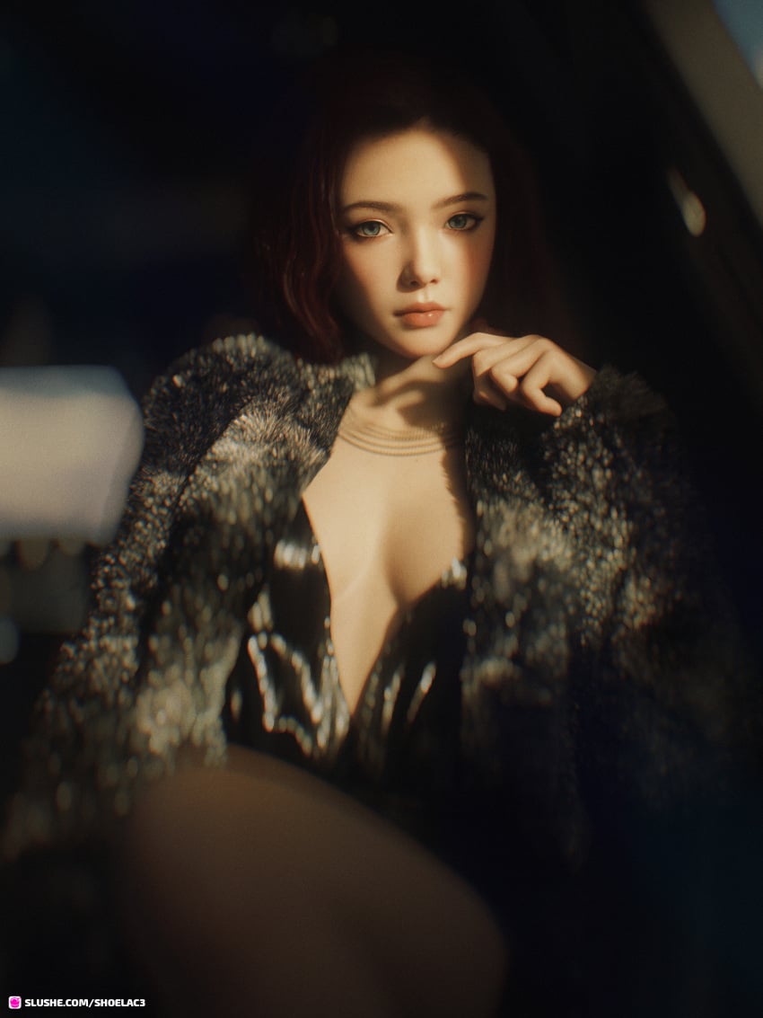 1girls 3d blue_eyes brown_hair cleavage depth_of_field dress female female_only fur_coat looking_at_viewer necklace ornate_clothing pinup shoelac3 slushe_(website) small_breasts solo