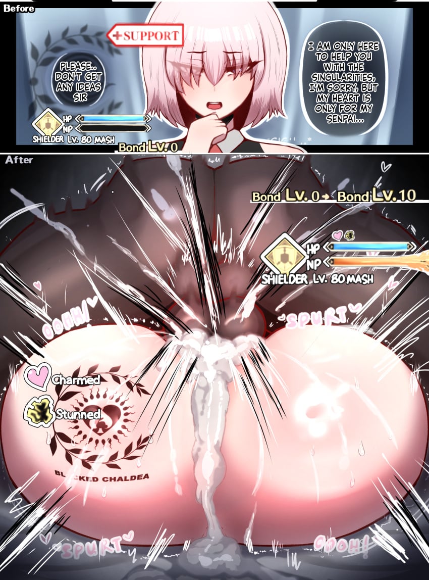 before_and_after blacked cuckold cuckolding cum_inside dark-skinned_male dialogue edit fate/grand_order fate_(series) gameplay_mechanics instant_loss_2koma interracial kinkylingky level_difference level_up mash_kyrielight mating_press netorare ntr shielder_(fate/grand_order) tattoo